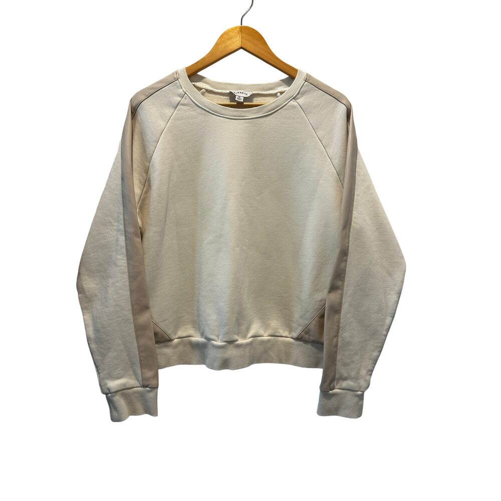 Evereve Cream Faux Leather Trim Neutral Sweatshirt XL Elevated Athleisure Cozy